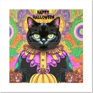 Psychedelic Vintage Style Halloween Black Cat Clown! Posters and Art